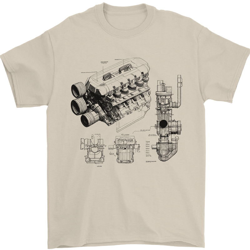 Car Engine Blueprints Petrolhead Mens T-Shirt 100% Cotton Sand