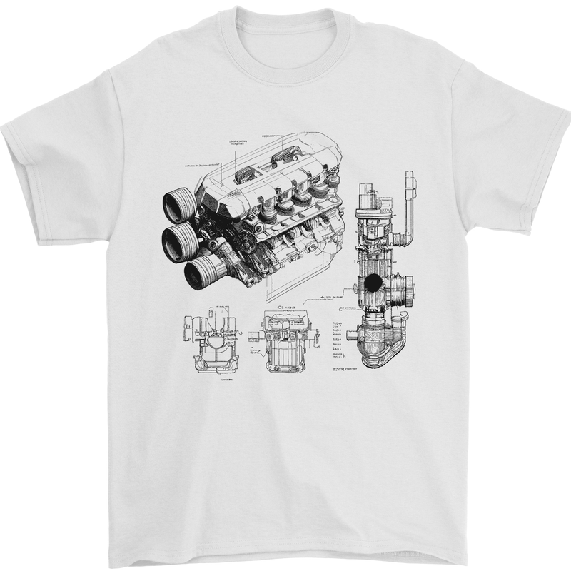 Car Engine Blueprints Petrolhead Mens T-Shirt 100% Cotton White