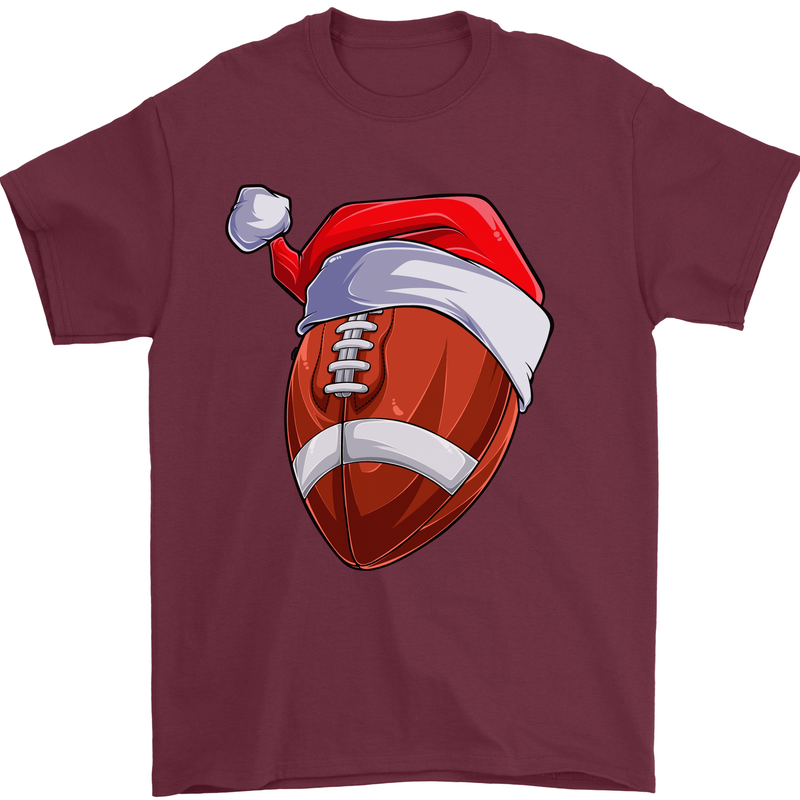 Christmas American Football Santa Hat Xmas Mens T-Shirt 100% Cotton Maroon