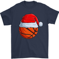 Christmas Basketball With a Santa Hat Xmas Mens T-Shirt 100% Cotton Navy Blue