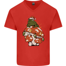 Christmas Frog Mushroom Xmas Mycology Foraging Mens V-Neck Cotton T-Shirt Red