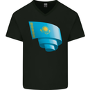 Curled Kazakhstan Flag Kazakh Day Football Mens V-Neck Cotton T-Shirt Black