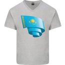 Curled Kazakhstan Flag Kazakh Day Football Mens V-Neck Cotton T-Shirt Sports Grey