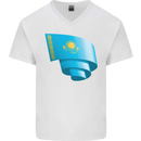 Curled Kazakhstan Flag Kazakh Day Football Mens V-Neck Cotton T-Shirt White