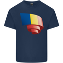 Curled Romania Flag Romanian Day Football Kids T-Shirt Childrens Navy Blue