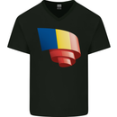 Curled Romania Flag Romanian Day Football Mens V-Neck Cotton T-Shirt Black