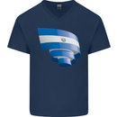 Curled Salvador Flag Salvadoran Day Football Mens V-Neck Cotton T-Shirt Navy Blue