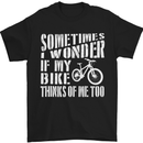 a black t - shirt with a bicycle saying something wonder if my bike thinks of