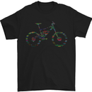 a black t - shirt with a bicycle made out of colorful words