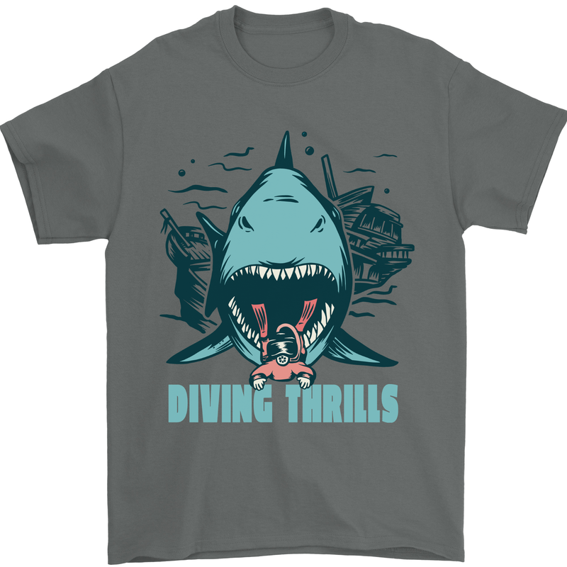Diving Thrills Funny Scuba Diving Shark Diver Mens T-Shirt 100% Cotton Charcoal