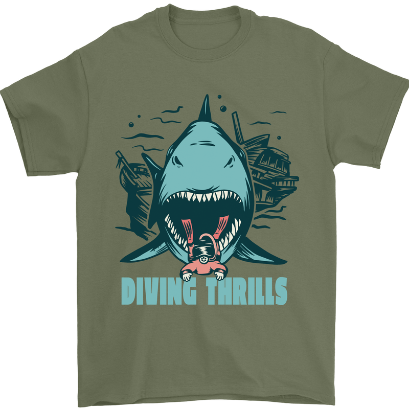 Diving Thrills Funny Scuba Diving Shark Diver Mens T-Shirt 100% Cotton Military Green