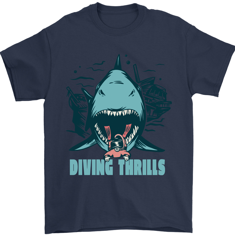Diving Thrills Funny Scuba Diving Shark Diver Mens T-Shirt 100% Cotton Navy Blue