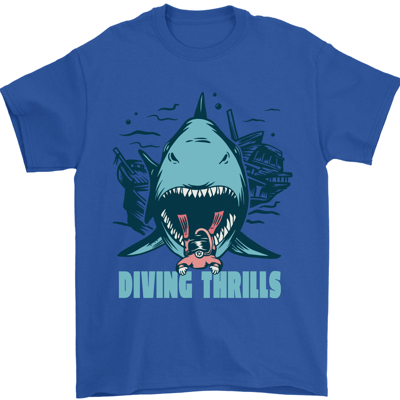 Diving Thrills Funny Scuba Diving Shark Diver Mens T-Shirt 100% Cotton Royal Blue