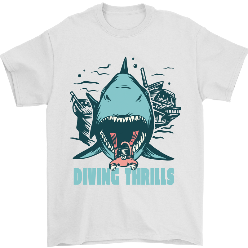 Diving Thrills Funny Scuba Diving Shark Diver Mens T-Shirt 100% Cotton White