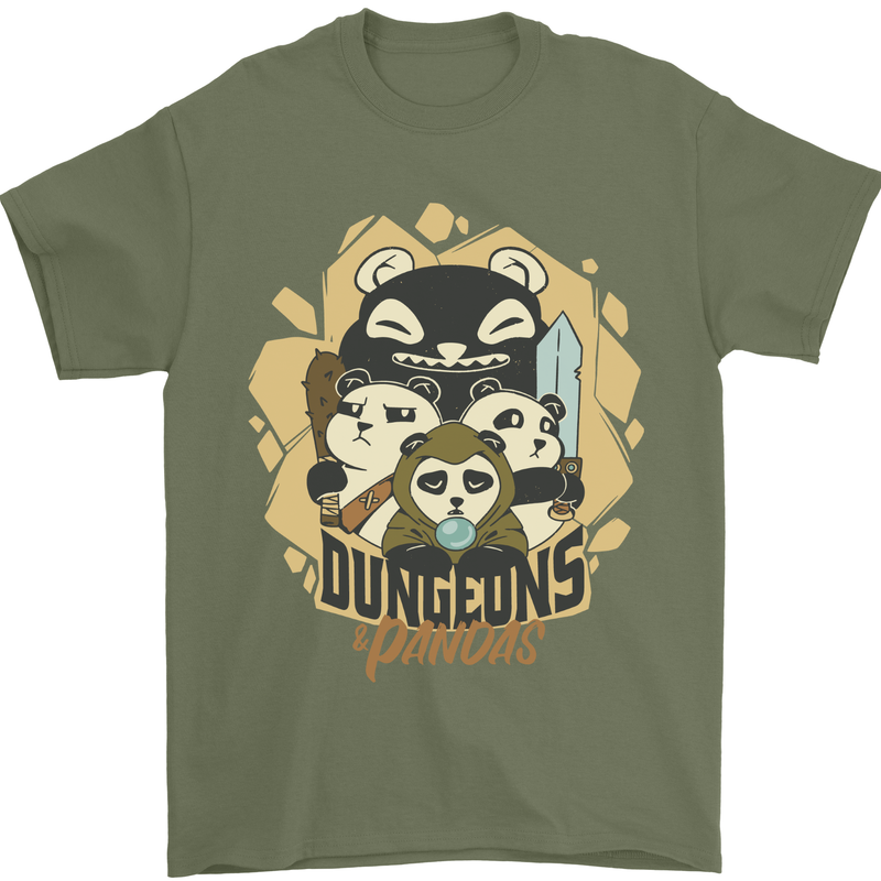 Dungeons & Panda Bears Role Play Games RPG Mens T-Shirt 100% Cotton Military Green