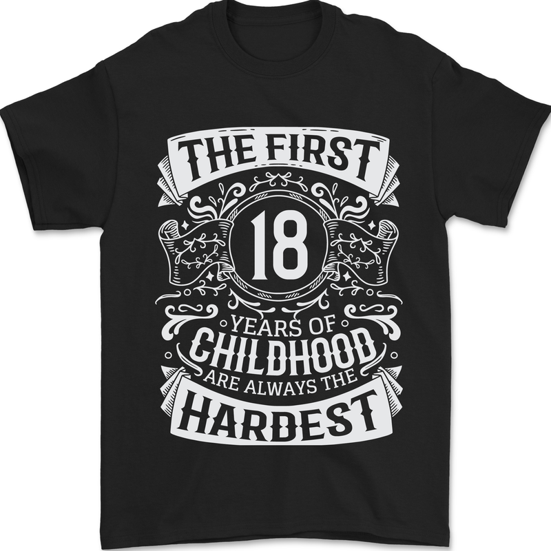 First 18 Years of Childhood Funny 18th Birthday Mens T-Shirt 100% Cotton Black