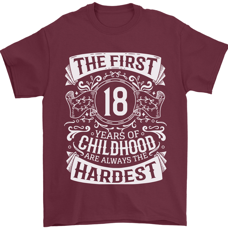 First 18 Years of Childhood Funny 18th Birthday Mens T-Shirt 100% Cotton Maroon