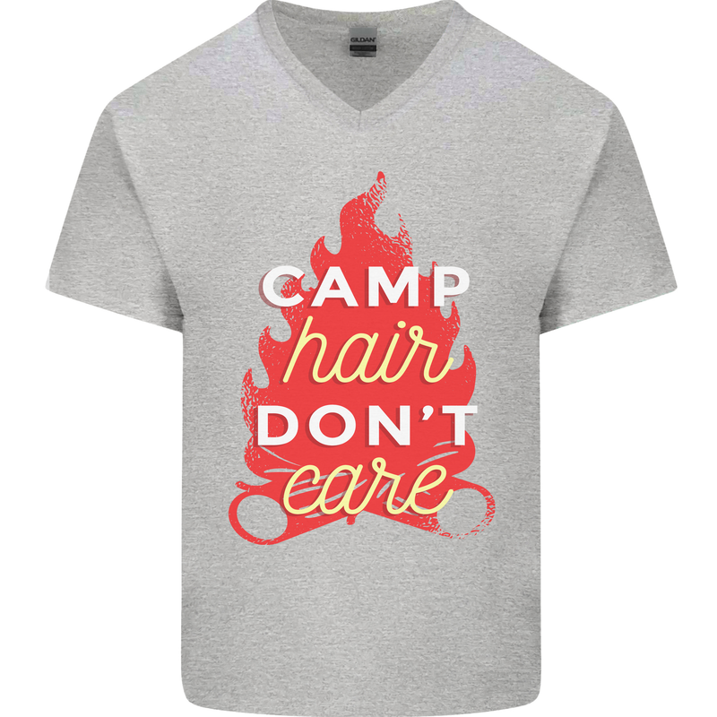 Funny Camping Camp Hair Dont Care Caravan Mens V-Neck Cotton T-Shirt Sports Grey