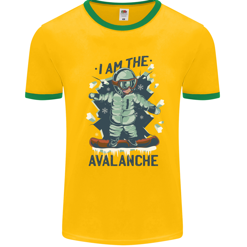 I Am the Avalanche Funny Snowboarding Mens Ringer T-Shirt Gold/Green
