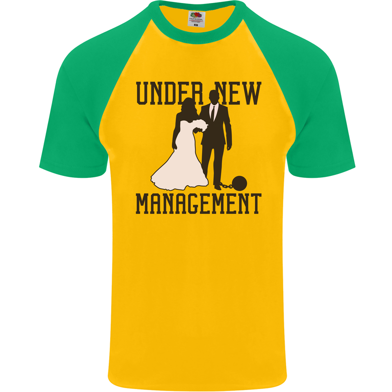 Just Married Under New Management Mens S/S Baseball T-Shirt Gold/Green
