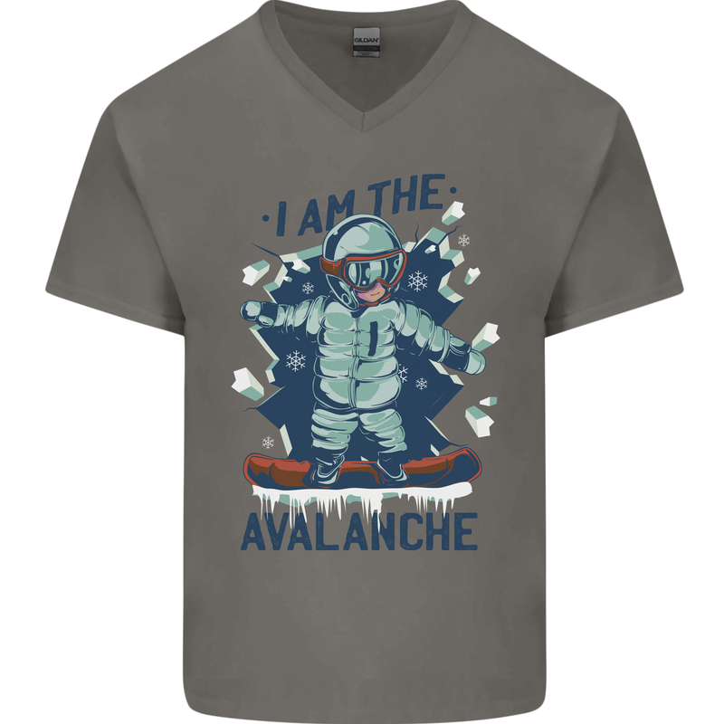 I Am the Avalanche Funny Snowboarding Mens V-Neck Cotton T-Shirt Charcoal