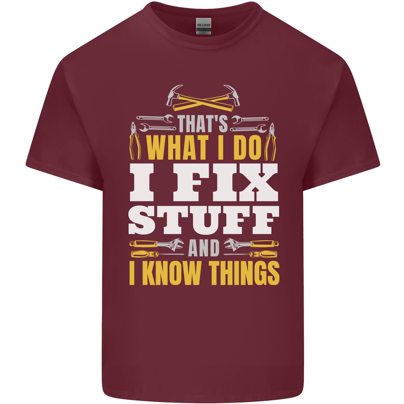 I Fix Stuff Funny Electrician Sparky Mechanic Mens Cotton T-Shirt Tee Top Maroon