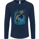 Jumping Pike Fish Fishing Fisherman Mens Long Sleeve T-Shirt Navy Blue