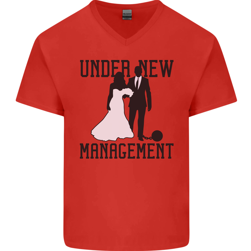 Just Married Under New Management Mens V-Neck Cotton T-Shirt Red