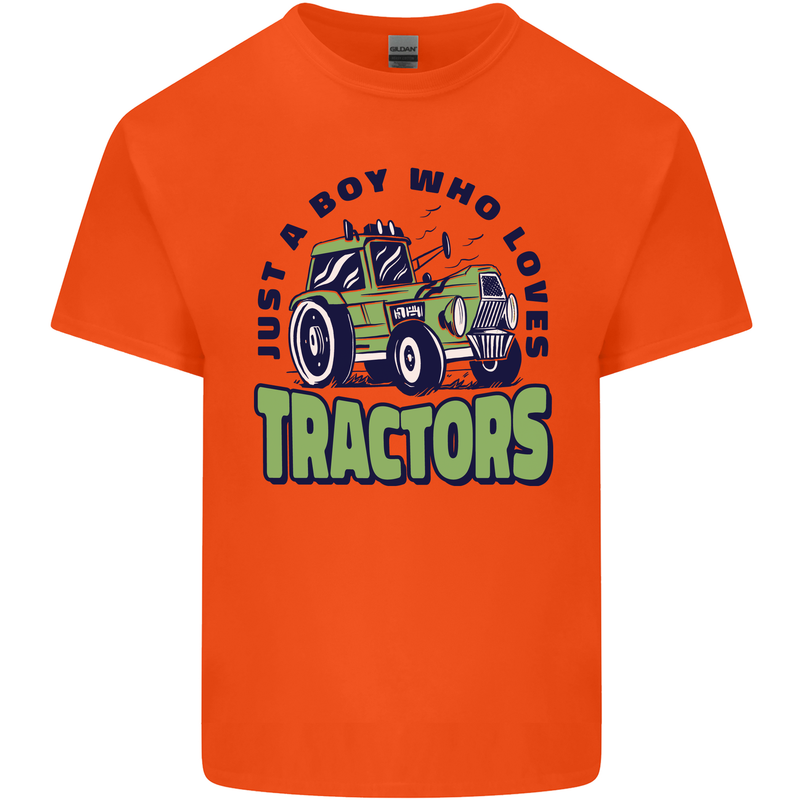Just a Boy Who Loves Tractors Farmer Kids T-Shirt Childrens Orange