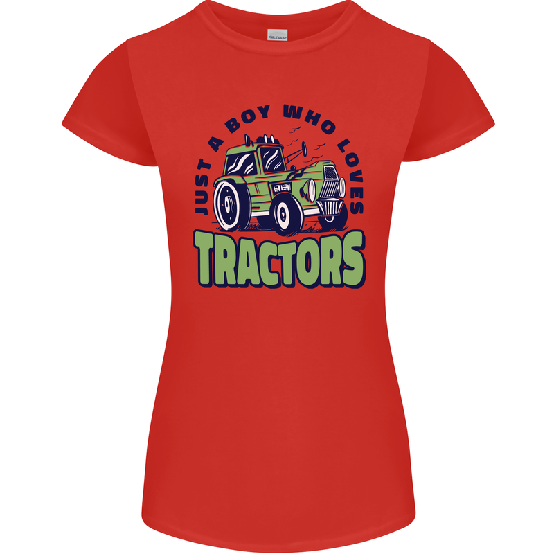Just a Boy Who Loves Tractors Farmer Womens Petite Cut T-Shirt Red