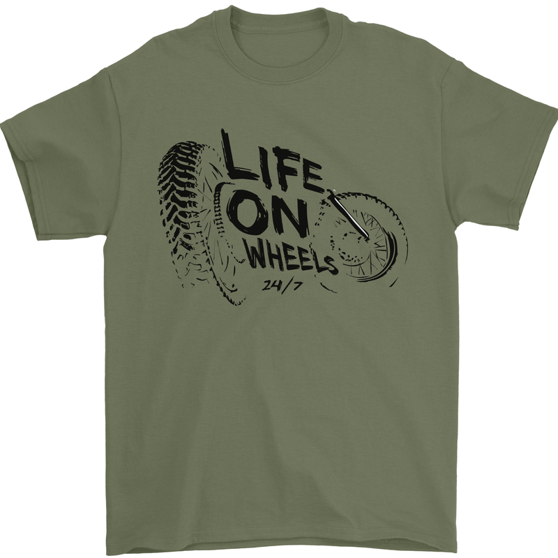 Life on Wheels Biker Motorbike Motorcycle Bikie Mens T-Shirt 100% Cotton Military Green