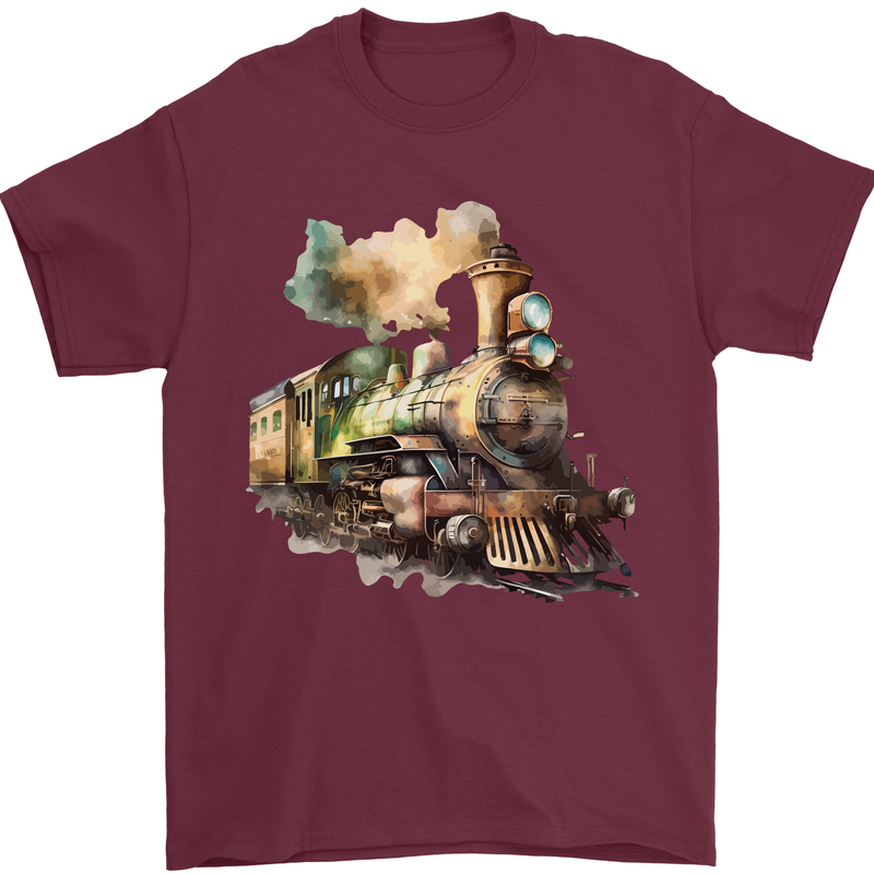 Locomotive Watercolour Trainspotter Trains Mens T-Shirt 100% Cotton Maroon