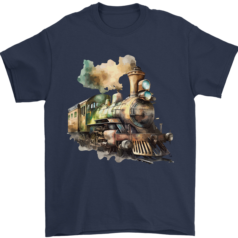 Locomotive Watercolour Trainspotter Trains Mens T-Shirt 100% Cotton Navy Blue