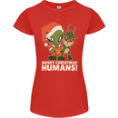 Merry Christmas Humans Funny Alien & Rudolf Xmas Womens Petite Cut T-Shirt Red