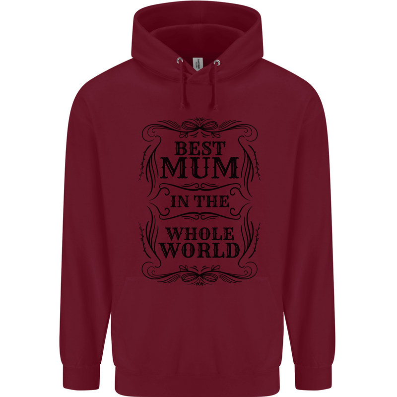 Mothers Day Best Mum in the World Childrens Kids Hoodie Maroon