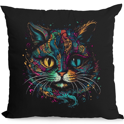 Multicoloured Tribal Fantasy Cat Mens Womens Kids Unisex Black Cushion Cover