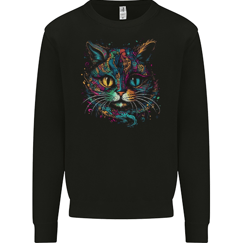 Multicoloured Tribal Fantasy Cat Mens Womens Kids Unisex Black Kids Sweatshirt