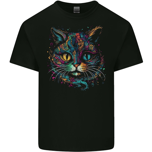 Multicoloured Tribal Fantasy Cat Mens Womens Kids Unisex Black Kids T-Shirt