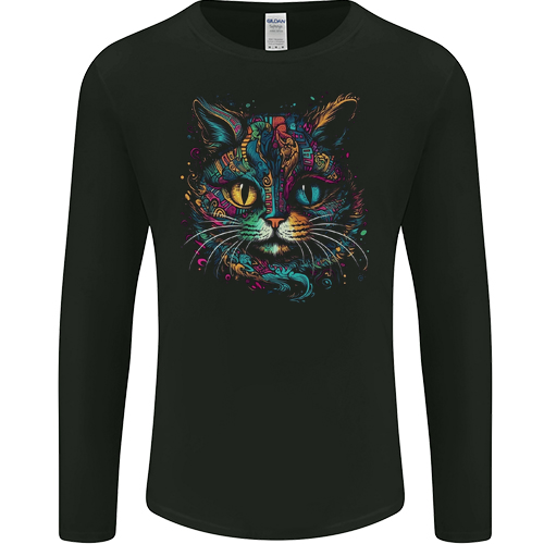 Multicoloured Tribal Fantasy Cat Mens Womens Kids Unisex Black Mens L\S T-Shirt