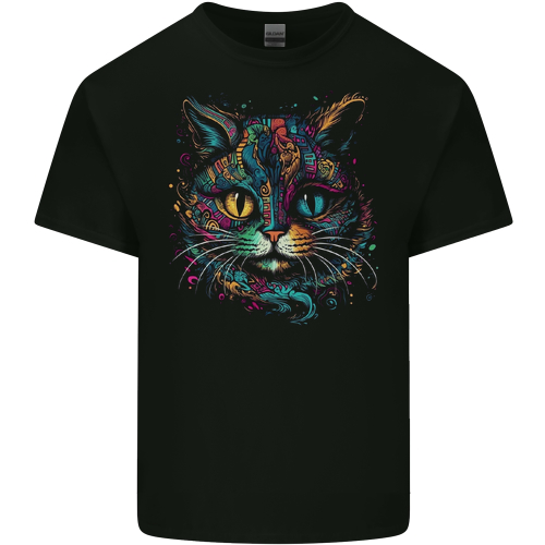 Multicoloured Tribal Fantasy Cat Mens Womens Kids Unisex Black Mens T-Shirt