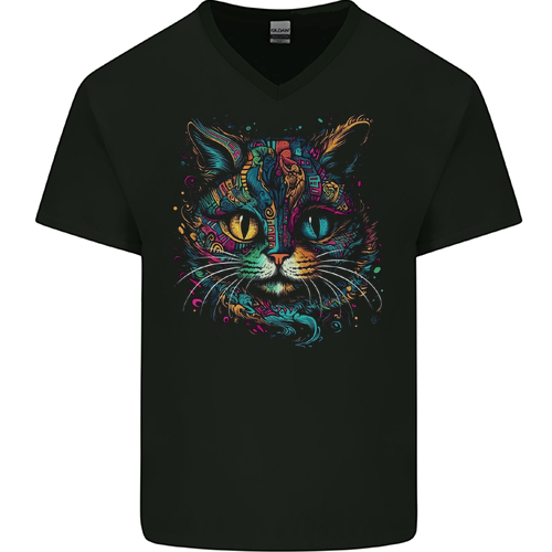 Multicoloured Tribal Fantasy Cat Mens Womens Kids Unisex Black Mens V-Neck T-Shirt