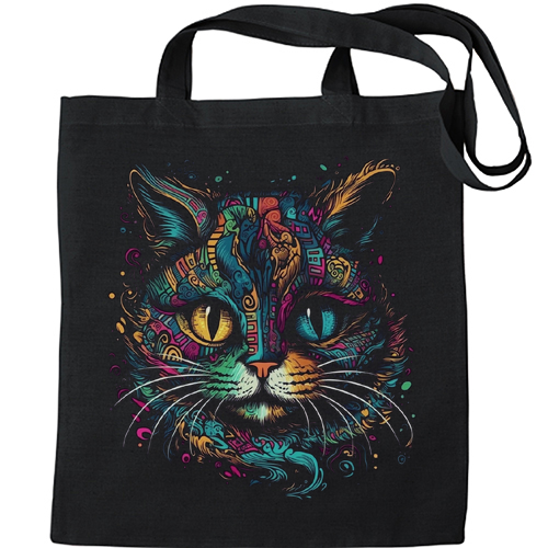 Multicoloured Tribal Fantasy Cat Mens Womens Kids Unisex Black Tote Bag