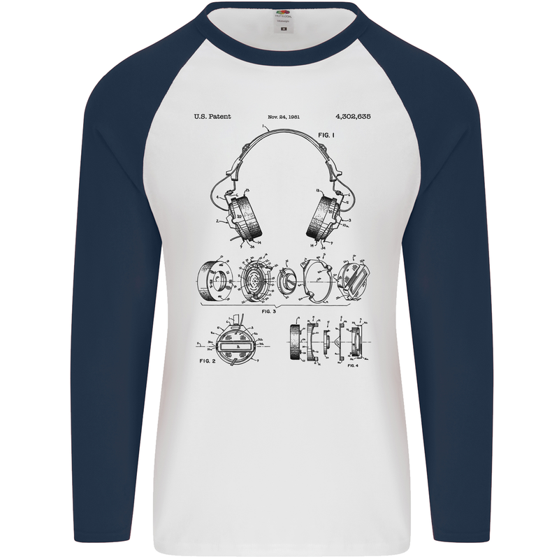 Headphones Patent Blueprint Dance Music DJ Mens L/S Baseball T-Shirt White/Navy Blue