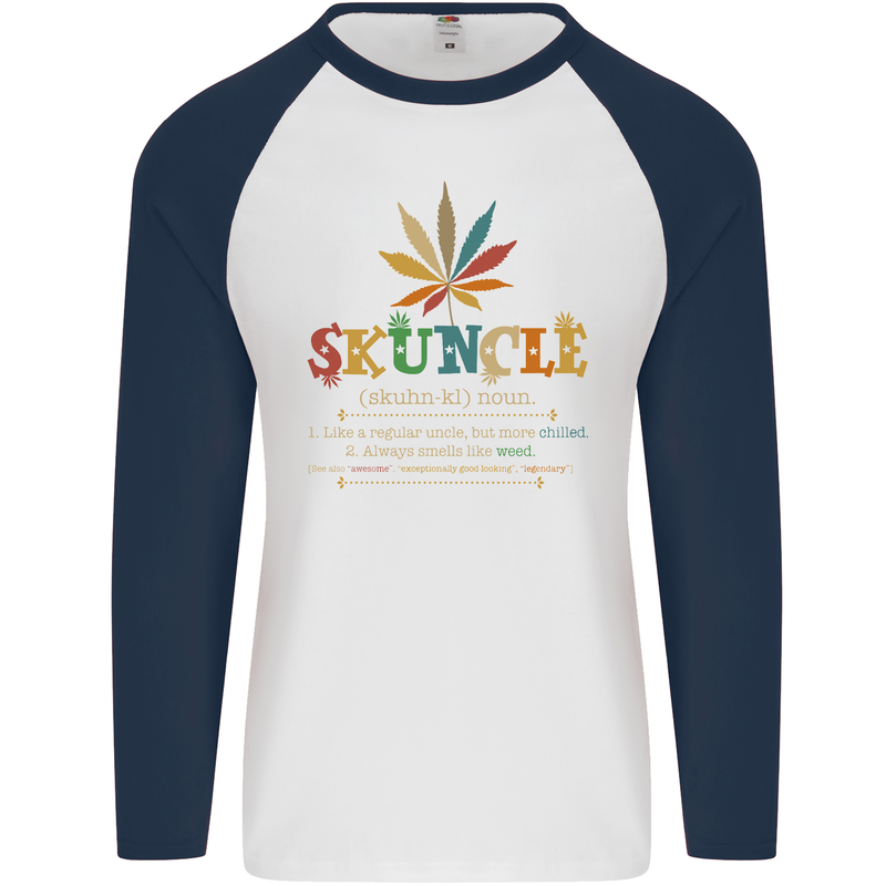 Skuncle Uncle That Smokes Weed Funny Drugs Mens L/S Baseball T-Shirt White/Navy Blue
