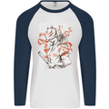 Japanese Kitsune Paranormal Fox Mens L/S Baseball T-Shirt White/Navy Blue