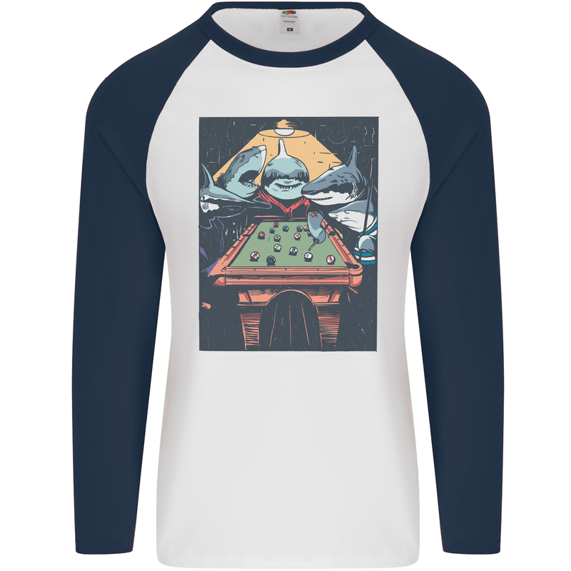 Pool Shark Snooker Player Mens L/S Baseball T-Shirt White/Navy Blue