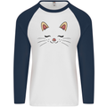 Cute Cat Face Mens L/S Baseball T-Shirt White/Navy Blue