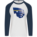Curled Nauru Flag Nauruan Day Football Mens L/S Baseball T-Shirt White/Navy Blue