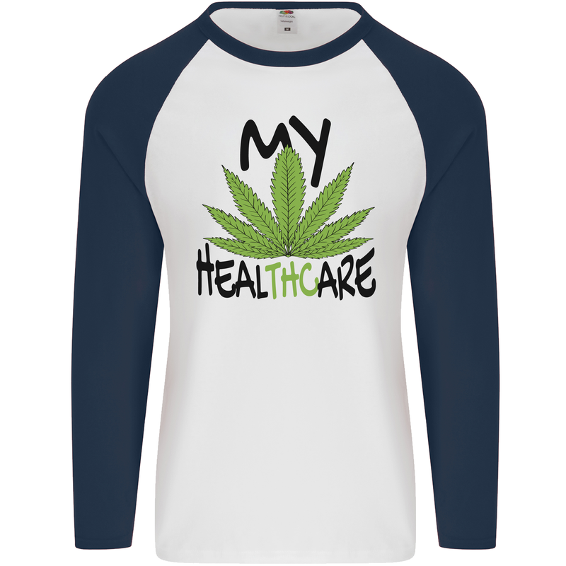 Weed My HealTHCare Cannabis Funny THC Mens L/S Baseball T-Shirt White/Navy Blue