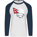 Curled Nepal Flag Nepalese Day Football Mens L/S Baseball T-Shirt White/Navy Blue